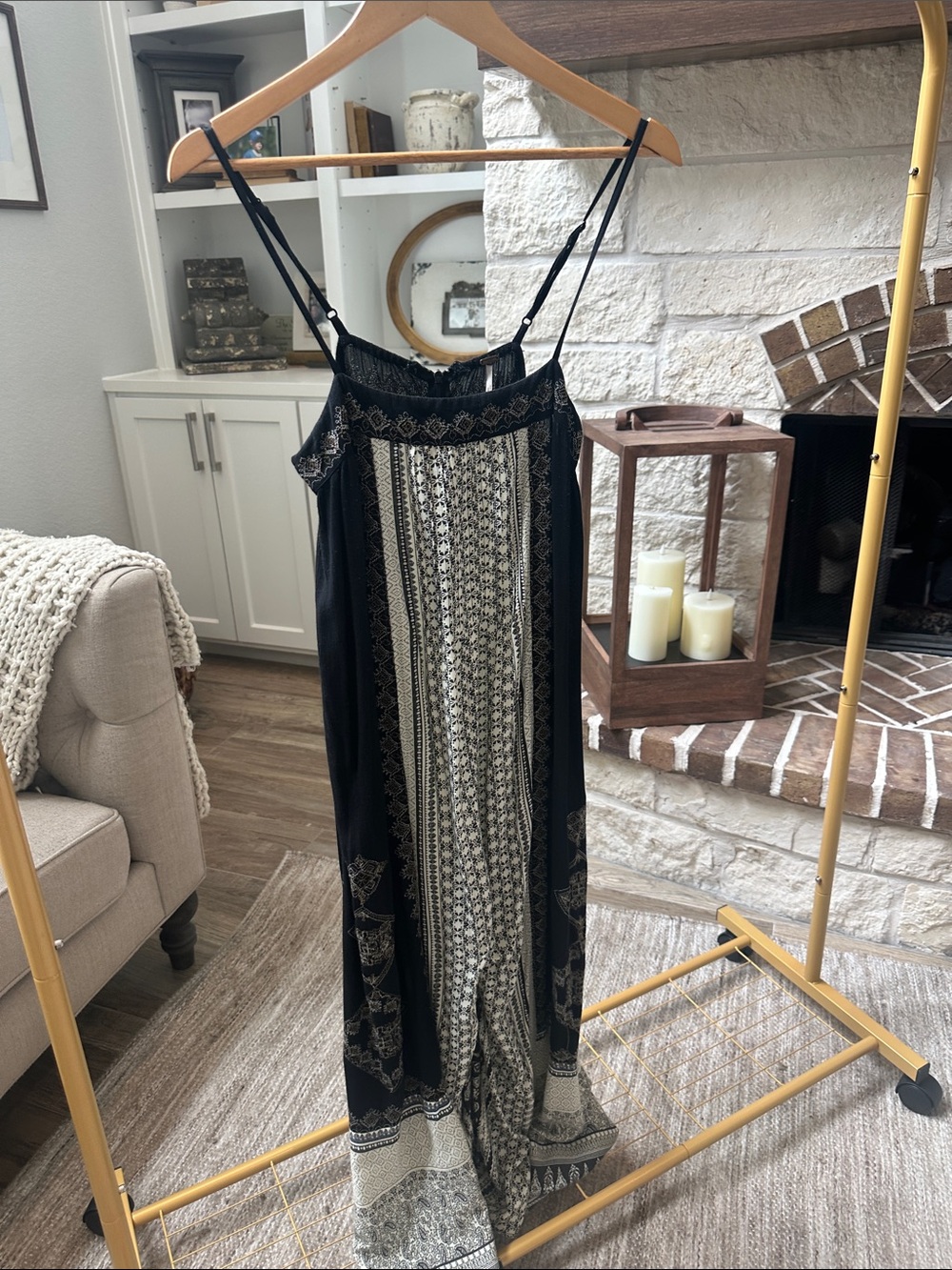 Free People Black and Cream Printed Jumpsuit